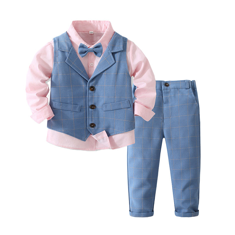 3 Pieces Set Baby Kid Boys Birthday Party Solid Color Bow Shirts Checked Vests Waistcoats And Pants Wholesale 221216439