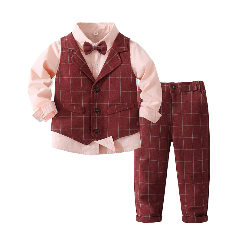 3 Pieces Set Baby Kid Boys Birthday Party Solid Color Bow Shirts Checked Vests Waistcoats And Pants Wholesale 221216439