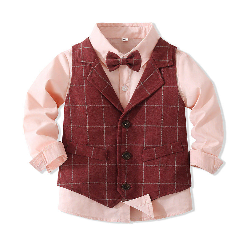 3 Pieces Set Baby Kid Boys Birthday Party Solid Color Bow Shirts Checked Vests Waistcoats And Pants Wholesale 221216439