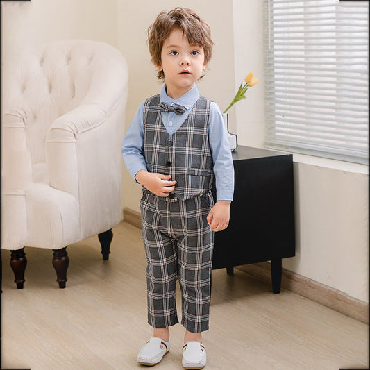 3 Pieces Set Baby Kid Boys Birthday Party Solid Color Bow Shirts Checked Vests Waistcoats And Pants Wholesale 221216442