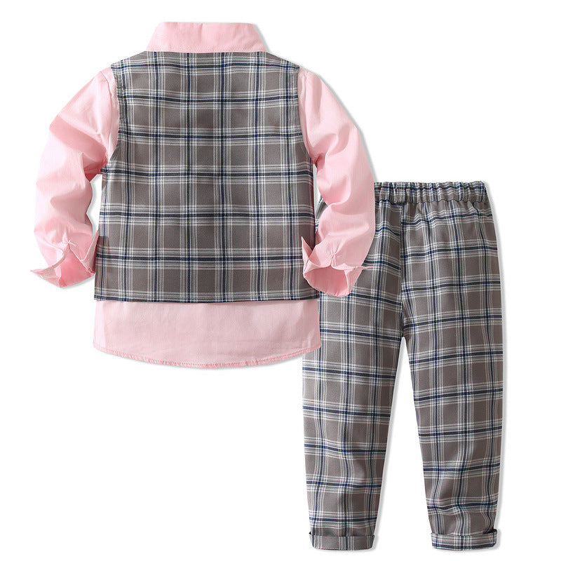 3 Pieces Set Baby Kid Boys Birthday Party Solid Color Bow Shirts Checked Vests Waistcoats And Pants Wholesale 221216445