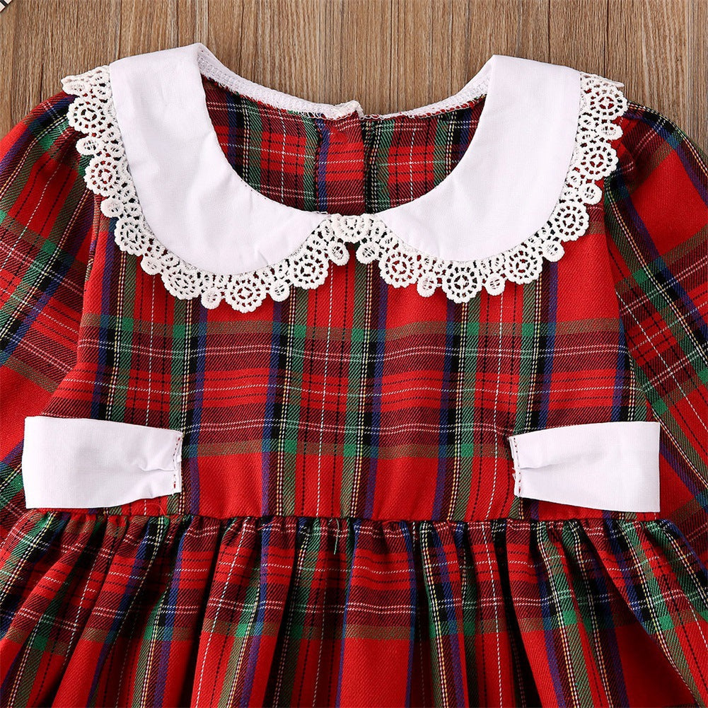 Baby Kid Girls Checked Lace Christmas Dresses Wholesale 22121647