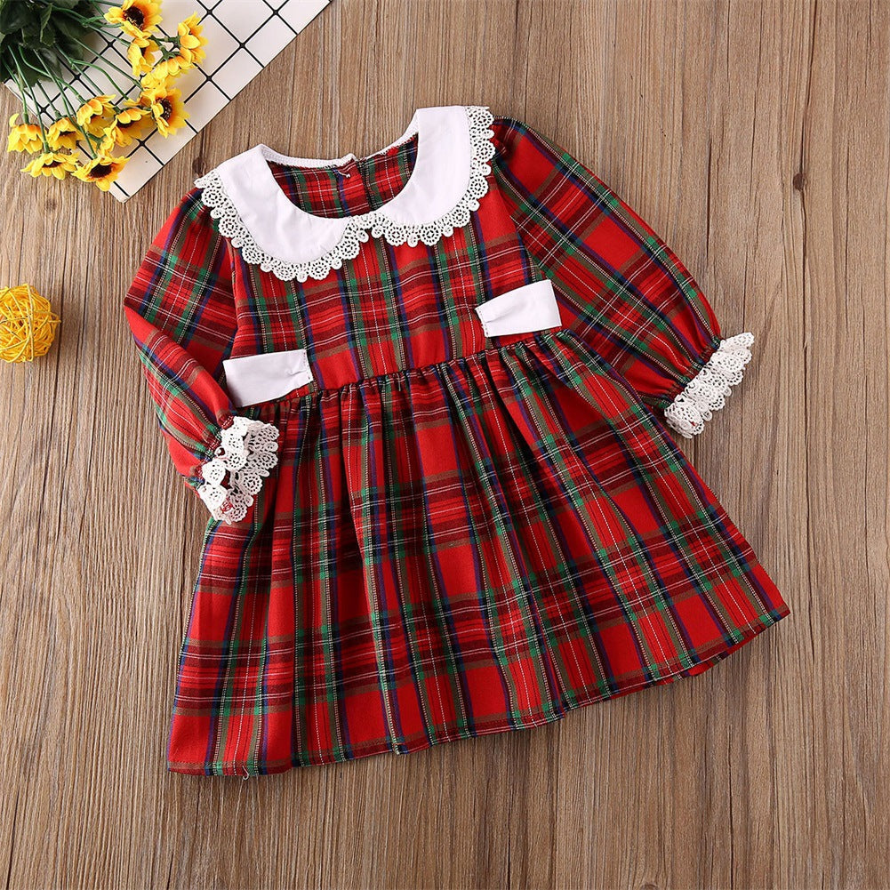 Baby Kid Girls Checked Lace Christmas Dresses Wholesale 22121647