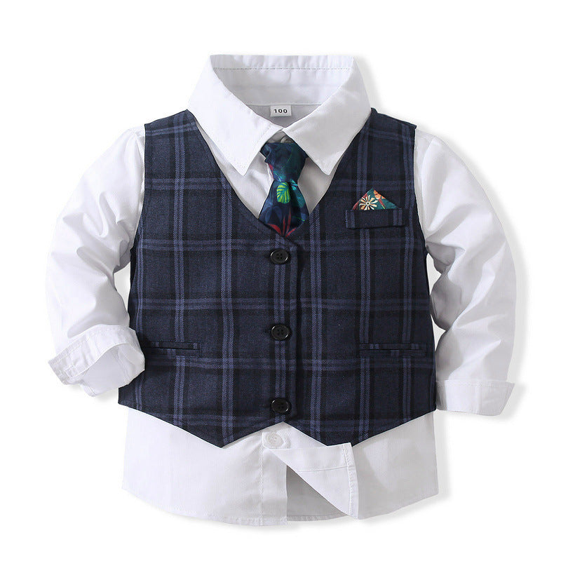 3 Pieces Set Baby Kid Boys Birthday Party Solid Color Bow Shirts Checked Vests Waistcoats And Pants Wholesale 22121660