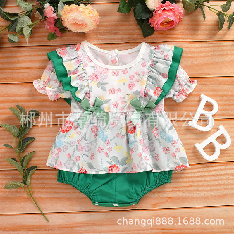 Baby Girls Flower Bow Print Rompers Wholesale 22121662