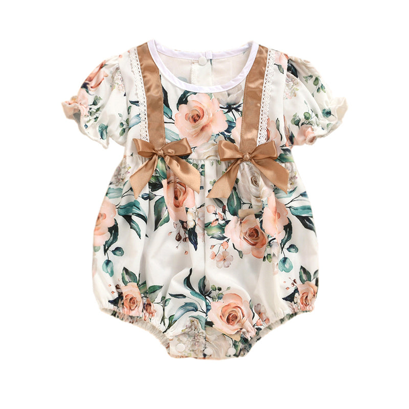 Baby Girls Flower Bow Print Rompers Wholesale 22121663