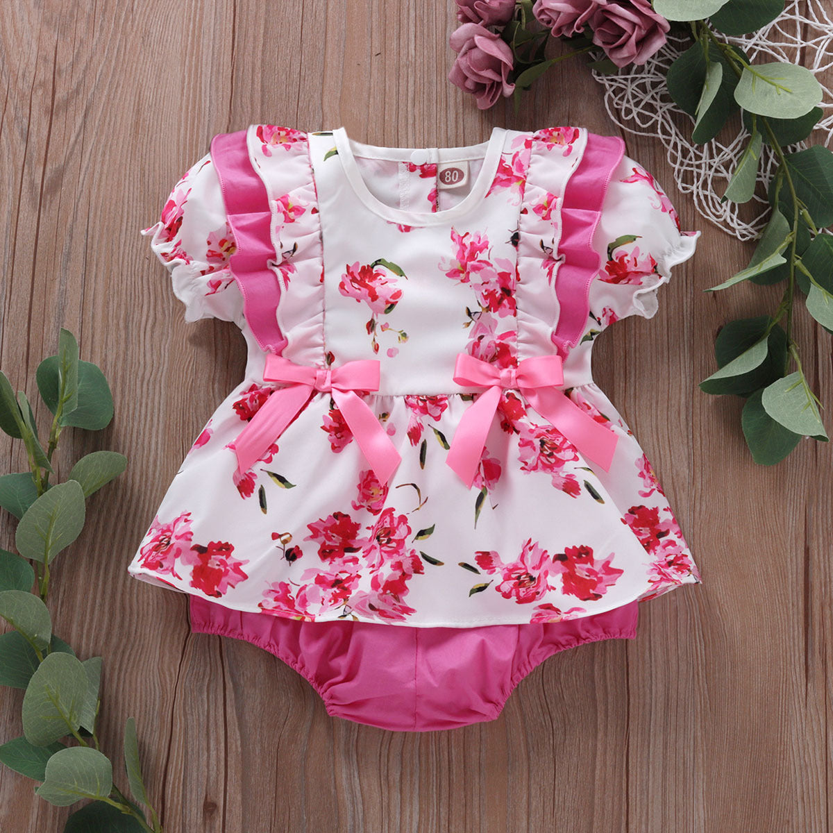 Baby Girls Flower Bow Print Rompers Wholesale 22121673