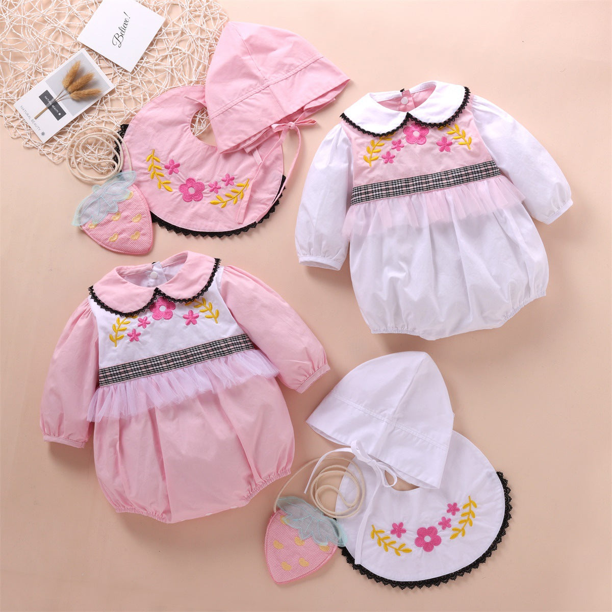 3 Pieces Set Baby Girls Embroidered Rompers Solid Color Hats And Flower Others accessories Wholesale 22121688