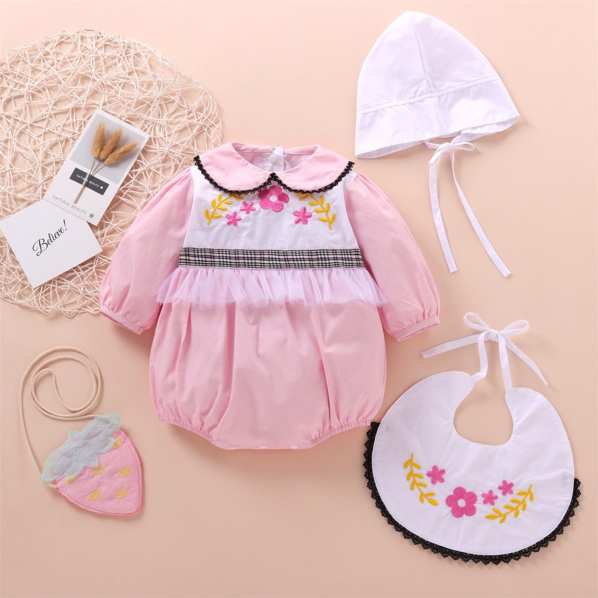 3 Pieces Set Baby Girls Embroidered Rompers Solid Color Hats And Flower Others accessories Wholesale 22121688