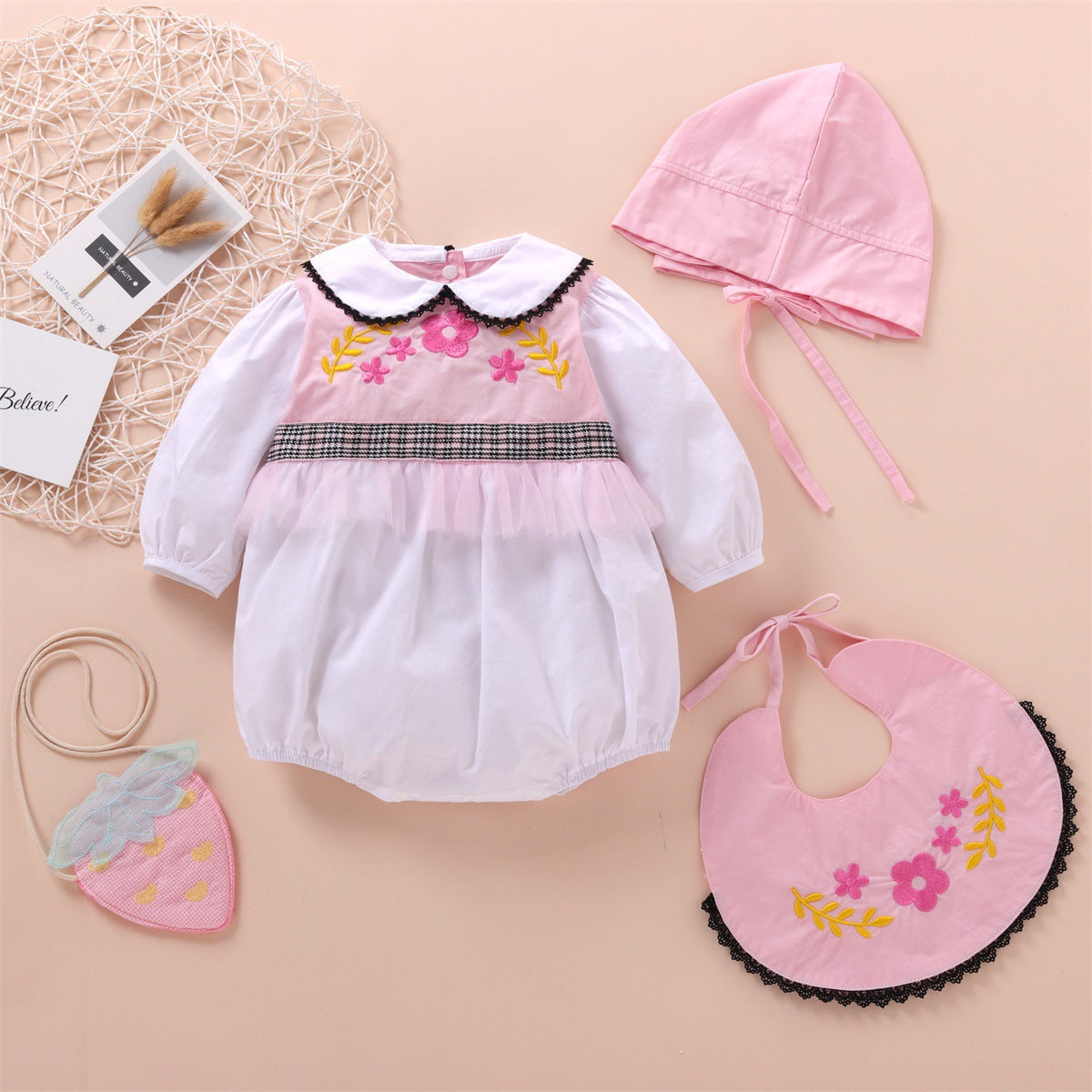 3 Pieces Set Baby Girls Embroidered Rompers Solid Color Hats And Flower Others accessories Wholesale 22121688