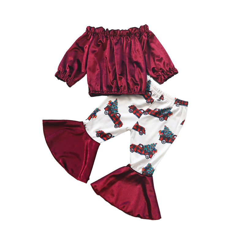 2 Pieces Set Baby Kid Girls Solid Color Print Tops Flower And Car Pants Wholesale 22121693