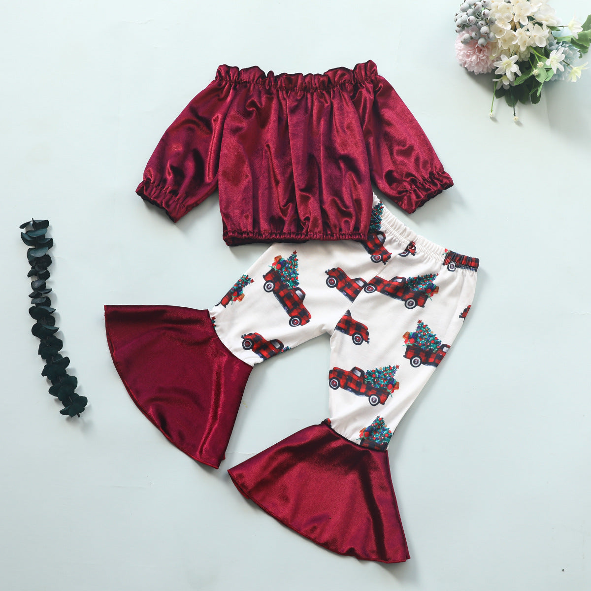 2 Pieces Set Baby Kid Girls Solid Color Print Tops Flower And Car Pants Wholesale 22121693