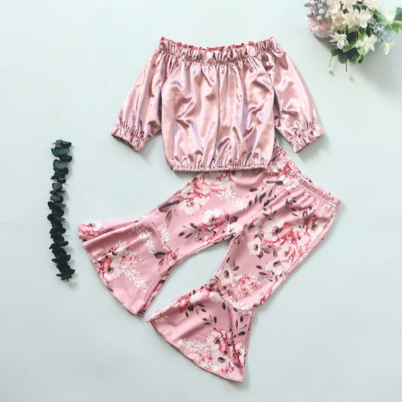 2 Pieces Set Baby Kid Girls Solid Color Print Tops Flower And Car Pants Wholesale 22121693