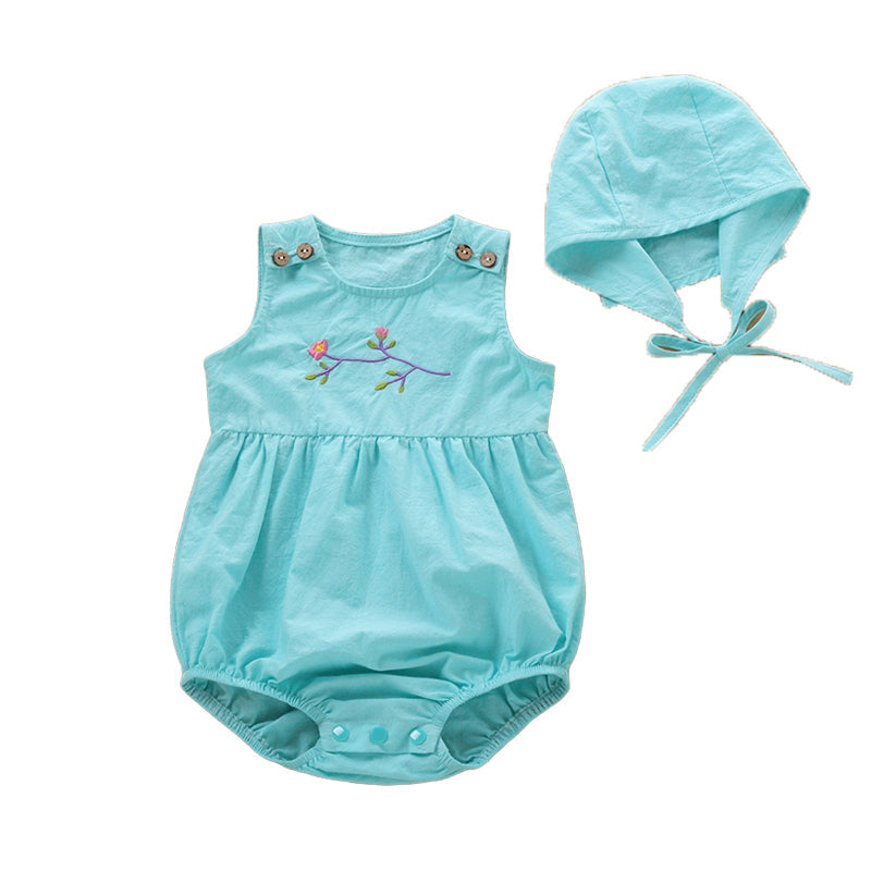 Baby Girls Flower Embroidered Rompers And Accessories Hats Wholesale 22121694