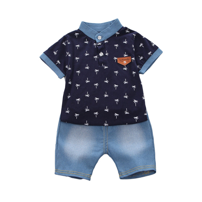 2 Pieces Set Baby Kid Boys Plant Print Polo Shirts And Solid Color Shorts Wholesale 22122005