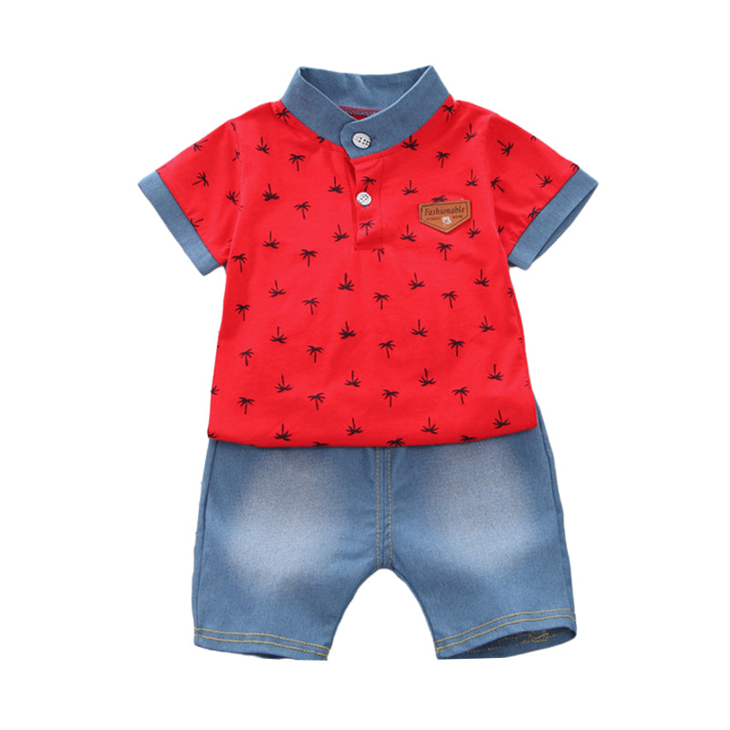 2 Pieces Set Baby Kid Boys Plant Print Polo Shirts And Solid Color Shorts Wholesale 22122005