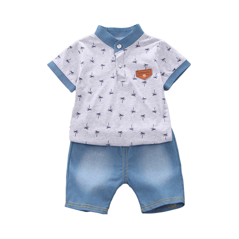 2 Pieces Set Baby Kid Boys Plant Print Polo Shirts And Solid Color Shorts Wholesale 22122005