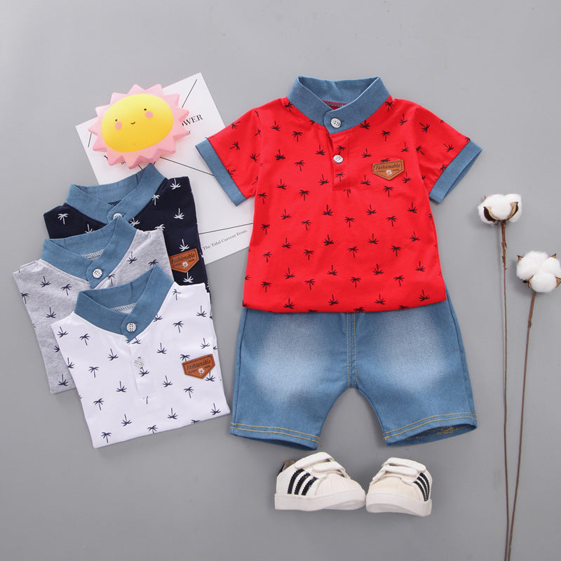 2 Pieces Set Baby Kid Boys Plant Print Polo Shirts And Solid Color Shorts Wholesale 22122005