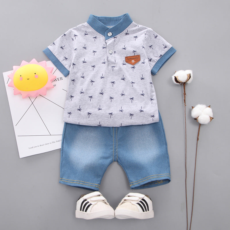 2 Pieces Set Baby Kid Boys Plant Print Polo Shirts And Solid Color Shorts Wholesale 22122005