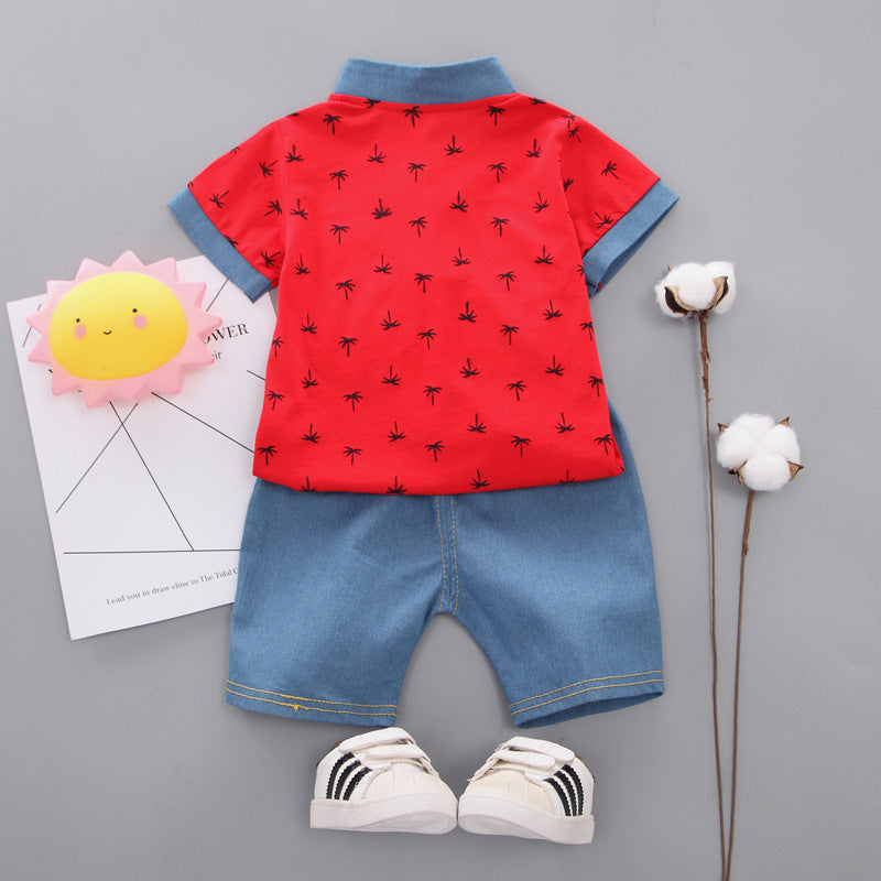 2 Pieces Set Baby Kid Boys Plant Print Polo Shirts And Solid Color Shorts Wholesale 22122005