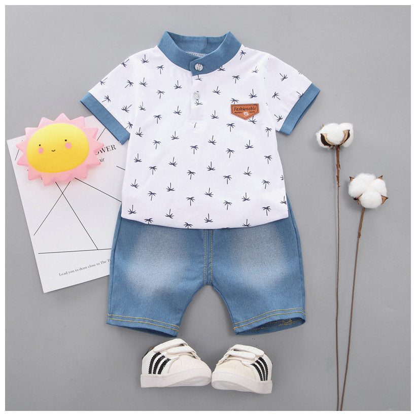 2 Pieces Set Baby Kid Boys Plant Print Polo Shirts And Solid Color Shorts Wholesale 22122005