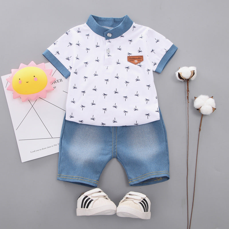 2 Pieces Set Baby Kid Boys Plant Print Polo Shirts And Solid Color Shorts Wholesale 22122005