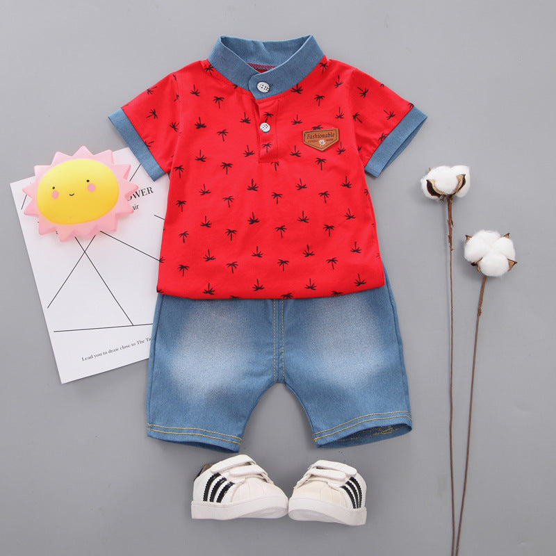 2 Pieces Set Baby Kid Boys Plant Print Polo Shirts And Solid Color Shorts Wholesale 22122005