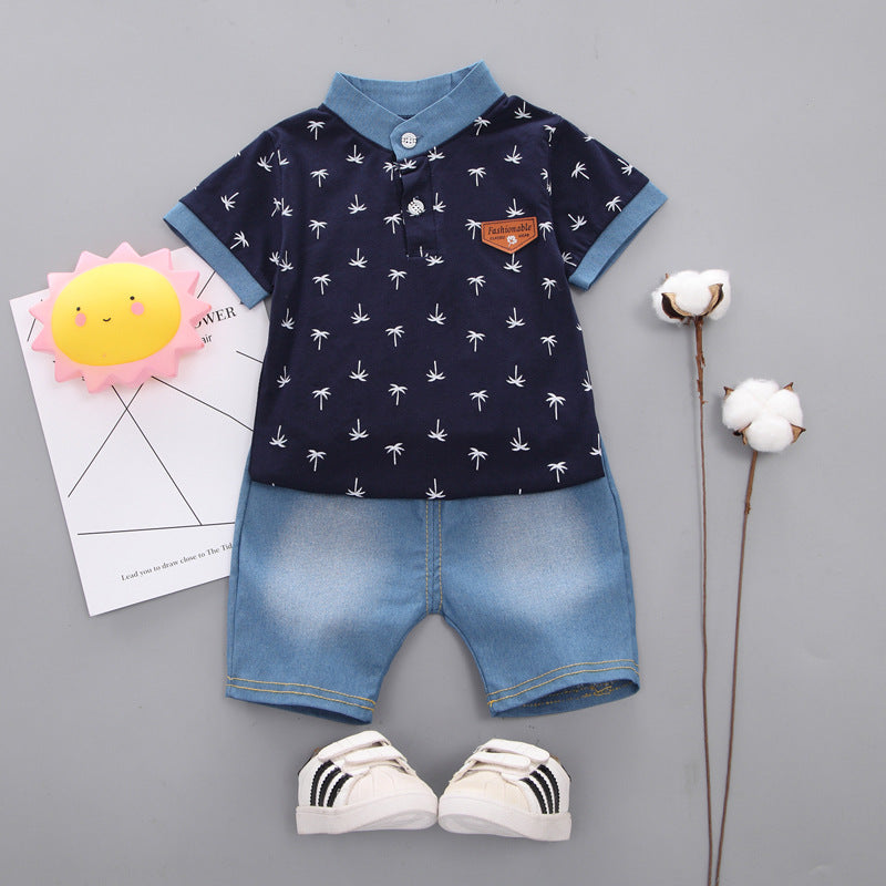 2 Pieces Set Baby Kid Boys Plant Print Polo Shirts And Solid Color Shorts Wholesale 22122005