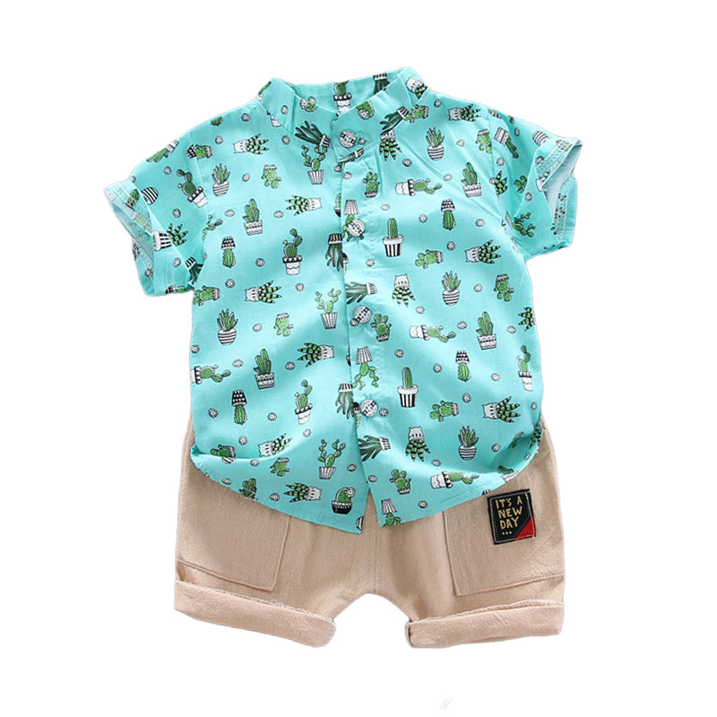 2 Pieces Set Baby Kid Boys Plant Print Shirts And Letters Shorts Wholesale 22122010