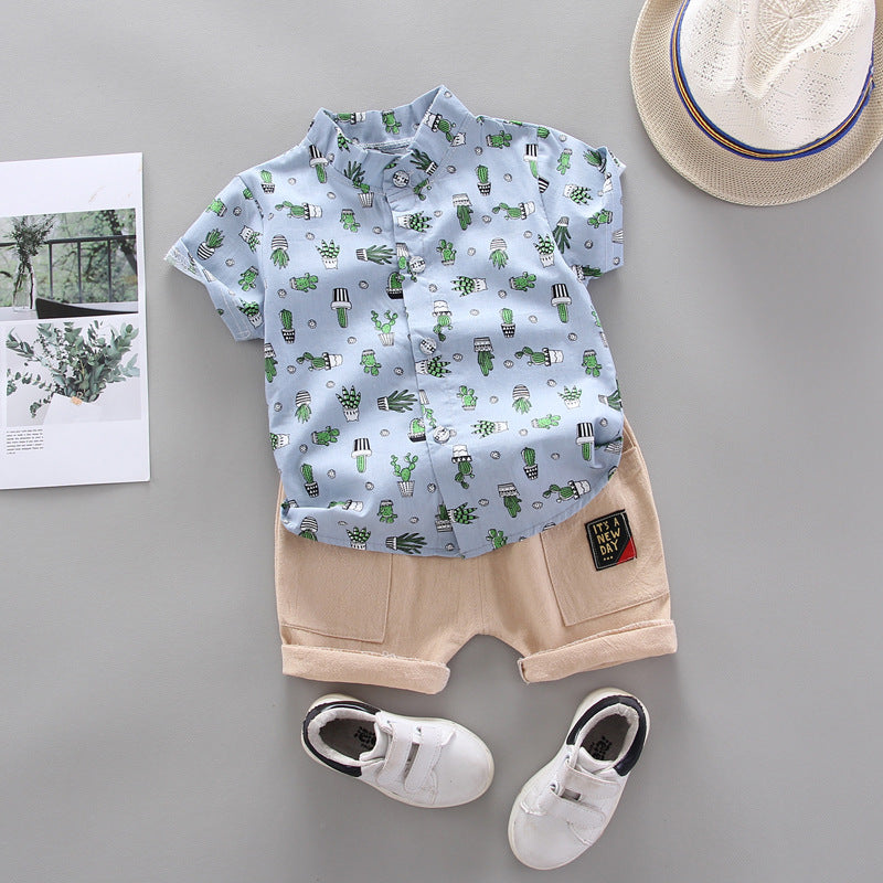 2 Pieces Set Baby Kid Boys Plant Print Shirts And Letters Shorts Wholesale 22122010