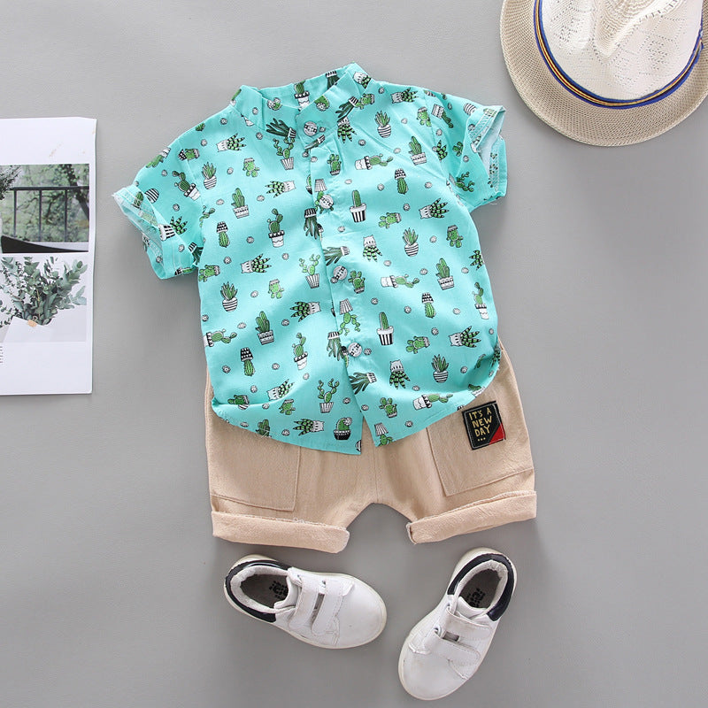 2 Pieces Set Baby Kid Boys Plant Print Shirts And Letters Shorts Wholesale 22122010