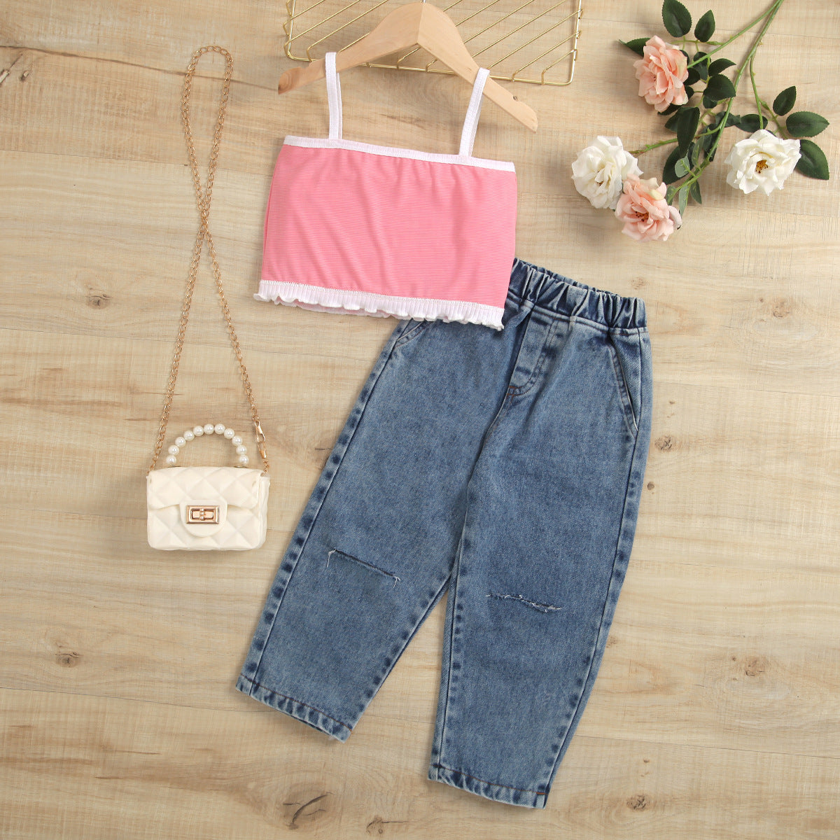 2 Pieces Set Baby Kid Girls Color-blocking Tank Tops And Ripped Pants Wholesale 221220121