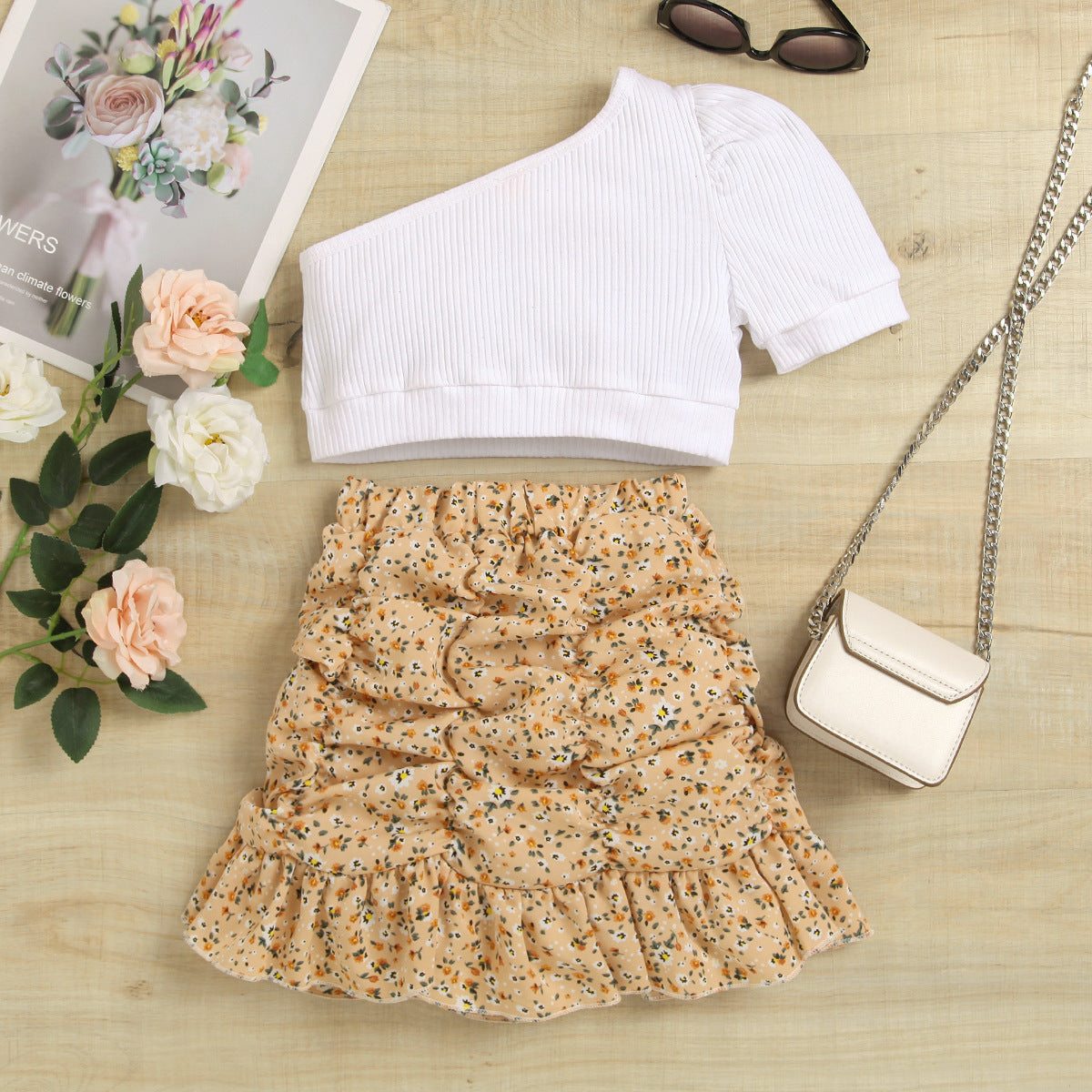 2 Pieces Set Baby Kid Girls Solid Color Tops And Flower Print Skirts Wholesale 221220122