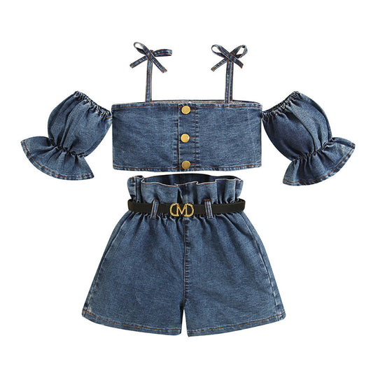 2 Pieces Set Baby Kid Girls Solid Color Tops And Ribbon Shorts Wholesale 221220142