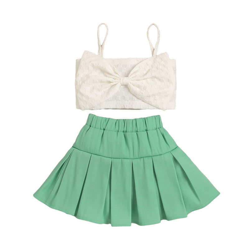 2 Pieces Set Baby Kid Girls Solid Color Bow Tank Tops And Skirts Wholesale 221220149