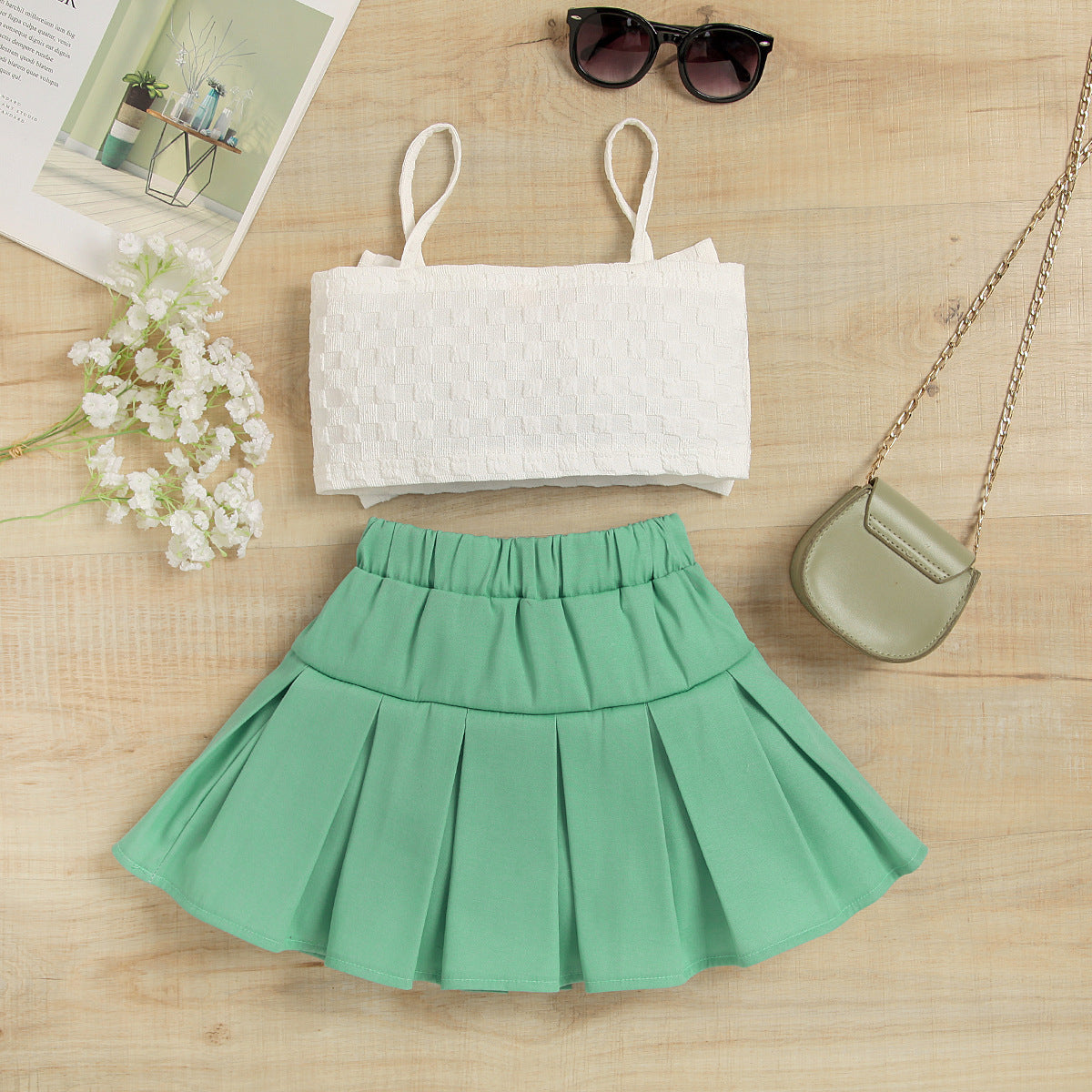 2 Pieces Set Baby Kid Girls Solid Color Bow Tank Tops And Skirts Wholesale 221220149