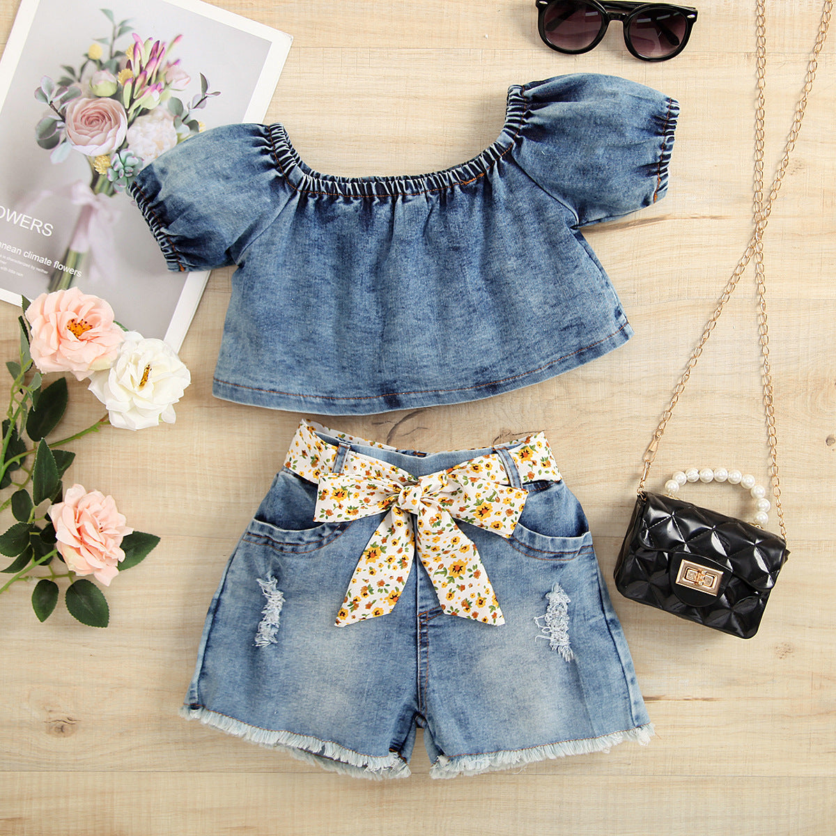 2 Pieces Set Baby Kid Girls Solid Color Tops And Ripped Shorts Wholesale 221220173