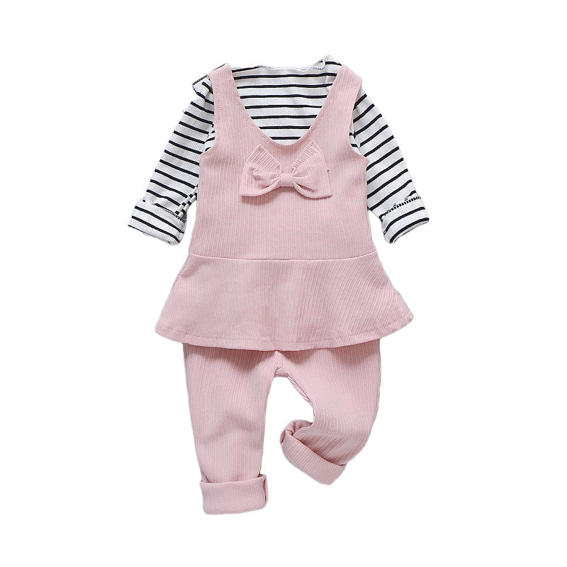 3 Pieces Set Baby Kid Girls Striped Tops Bow Vests Waistcoats And Solid Color Pants Wholesale 22122022