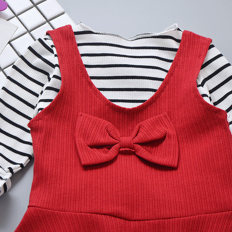 3 Pieces Set Baby Kid Girls Striped Tops Bow Vests Waistcoats And Solid Color Pants Wholesale 22122022