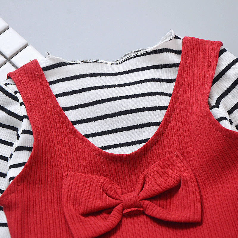 3 Pieces Set Baby Kid Girls Striped Tops Bow Vests Waistcoats And Solid Color Pants Wholesale 22122022