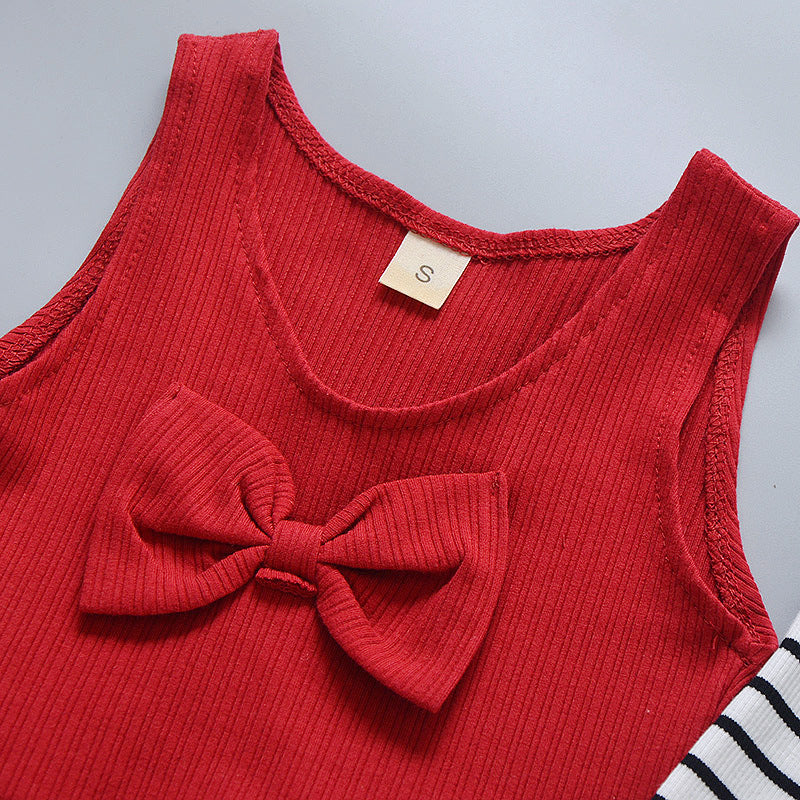 3 Pieces Set Baby Kid Girls Striped Tops Bow Vests Waistcoats And Solid Color Pants Wholesale 22122022