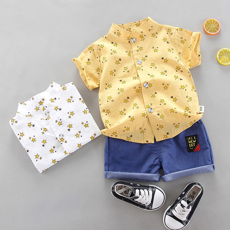 2 Pieces Set Baby Kid Boys Star Print Tops And Solid Color Shorts Wholesale 22122056