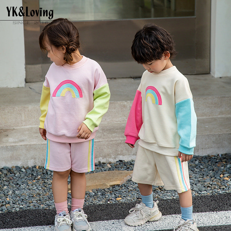 2 Pieces Set Baby Kid Unisex Color-blocking Rainbow Hoodies Swearshirts And Shorts Wholesale 221221224