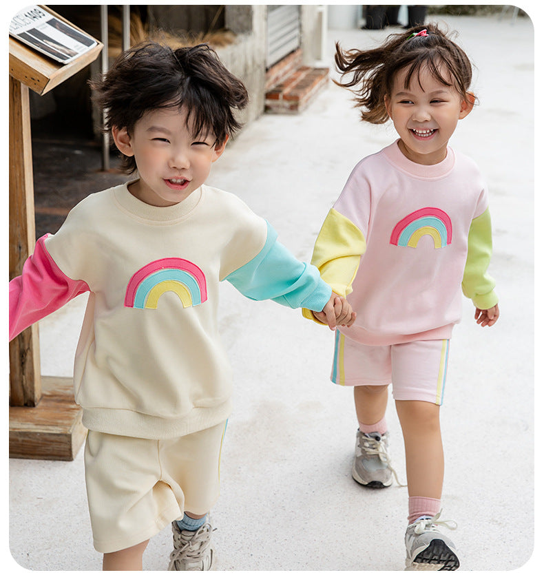 2 Pieces Set Baby Kid Unisex Color-blocking Rainbow Hoodies Swearshirts And Shorts Wholesale 221221224