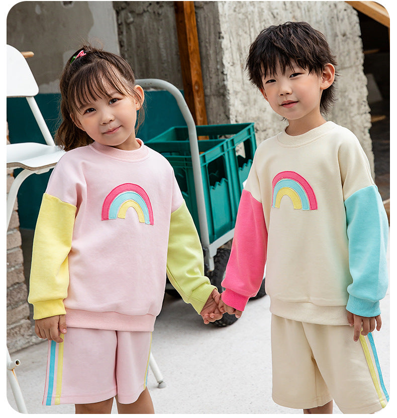 2 Pieces Set Baby Kid Unisex Color-blocking Rainbow Hoodies Swearshirts And Shorts Wholesale 221221224