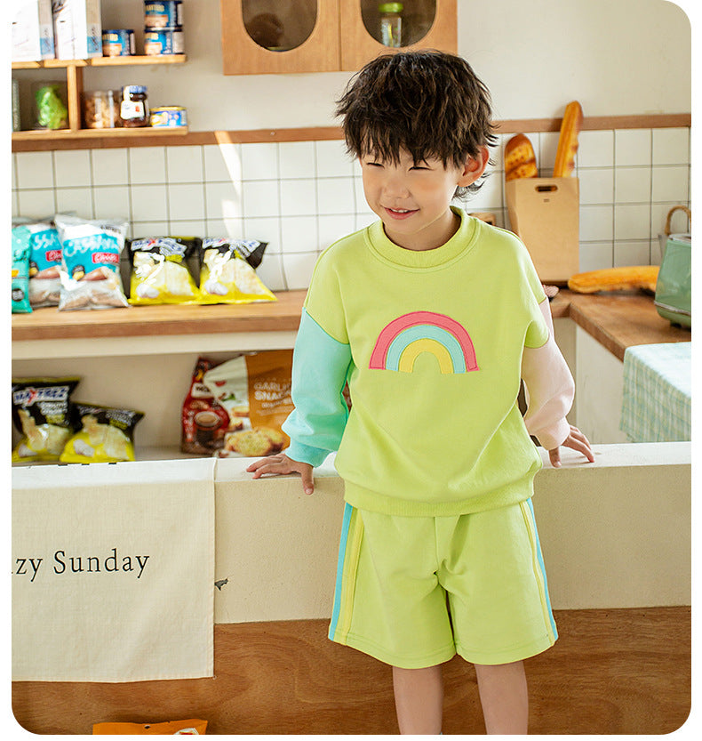 2 Pieces Set Baby Kid Unisex Color-blocking Rainbow Hoodies Swearshirts And Shorts Wholesale 221221224