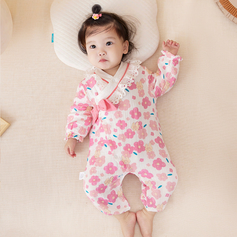 Baby Girls Flower Bow Print Jumpsuits Wholesale 221221287