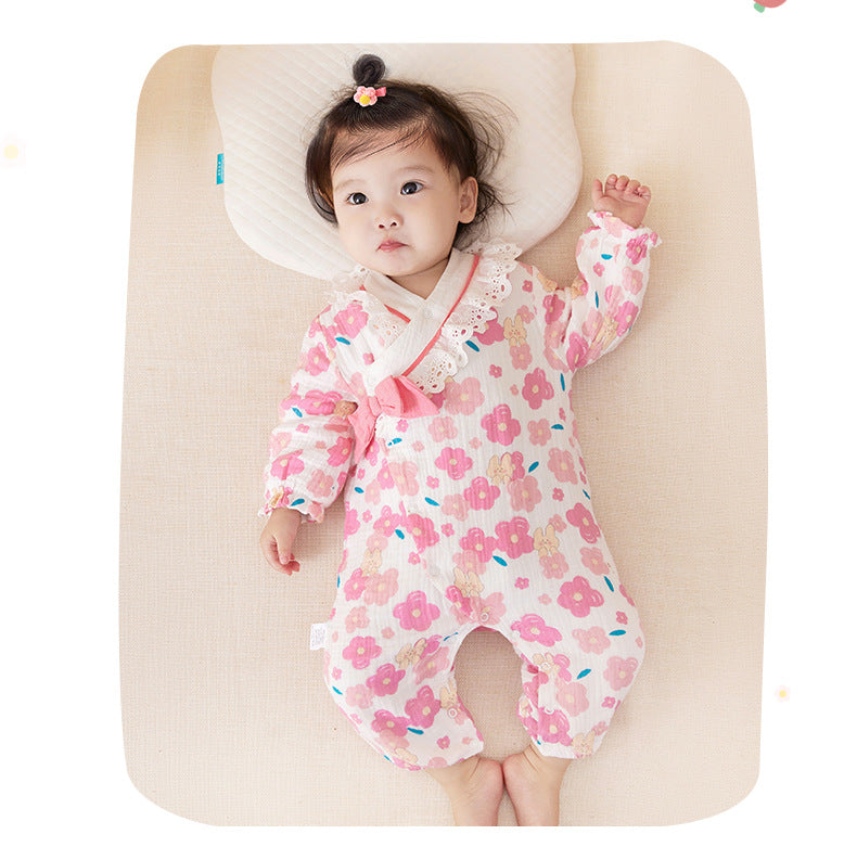 Baby Girls Flower Bow Print Jumpsuits Wholesale 221221287