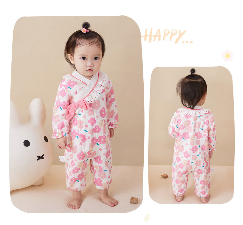 Baby Girls Flower Bow Print Jumpsuits Wholesale 221221287