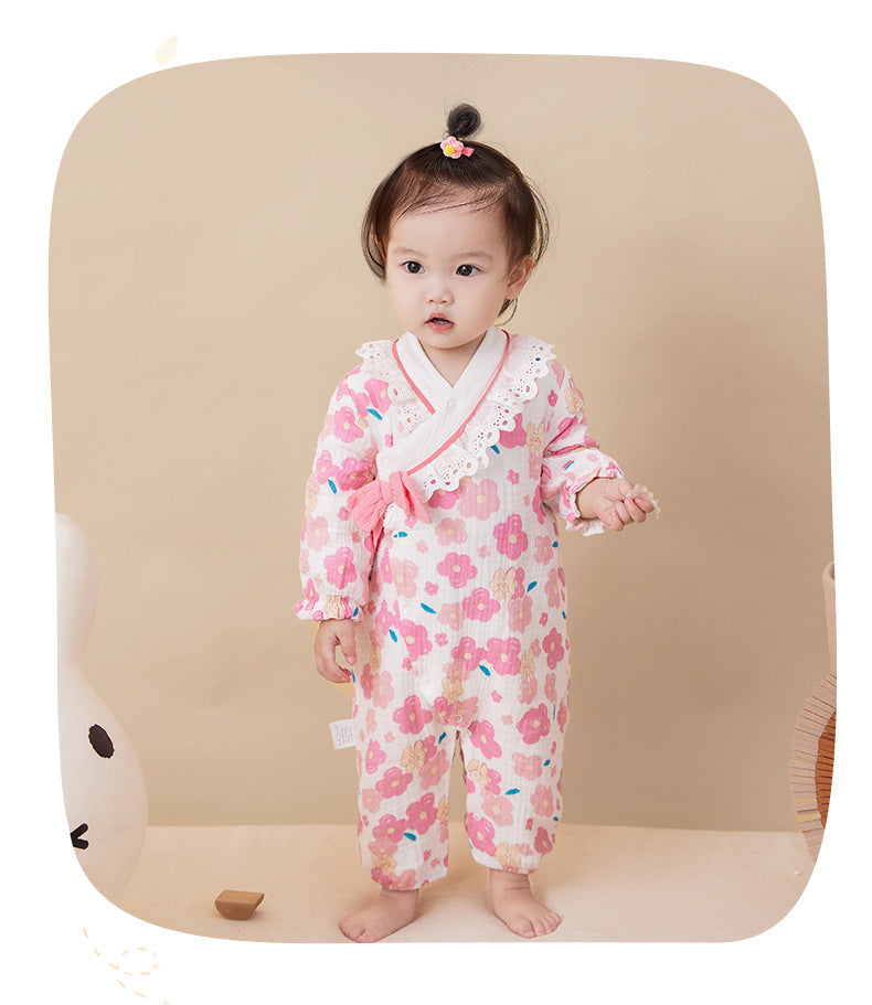 Baby Girls Flower Bow Print Jumpsuits Wholesale 221221287